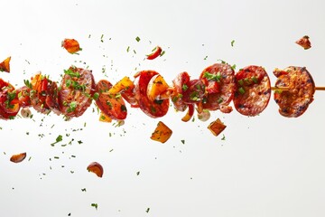 Suspended Chorizo and Potatoes in Mid-Air, High Contrast Environment