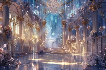 a grand and opulent ballroom set in the celestial realm, where celestial beings and otherworldly creatures come together for a night of elegance and enchantment - obrazy, fototapety, plakaty