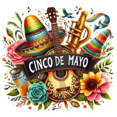 Cinco de mayo. Music festival. Set of watercolor vector illustrations. Invitation card design created with generative ai.
