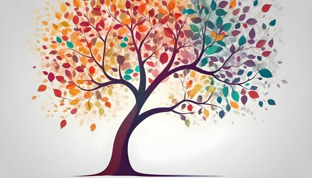 Colorful tree with leaves on hanging branches illustration background wallpaper 4k. Floral tree with multicolor leaves created with generative ai