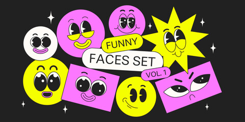 A collection of stickers with funny faces and emotions. In trendy bright colors. Retro groovy style. Vector illustration.