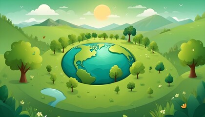 illustration earth day cute style landscape green, for book cover, wallpaper earth day, presentation, community green earth created with generative ai.