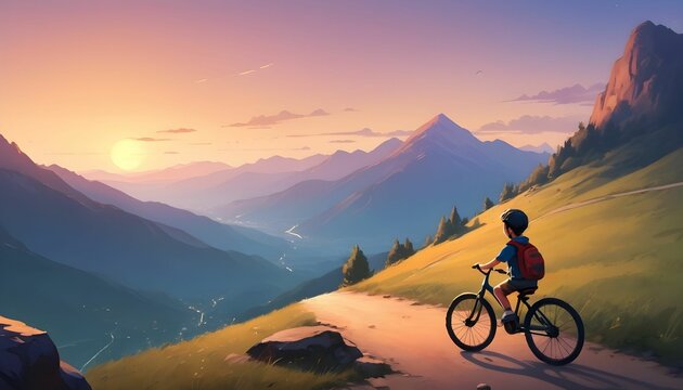 Kid on bicycle on a mountain looking at the evening scenery, digital art style, illustration painting created with generative ai.