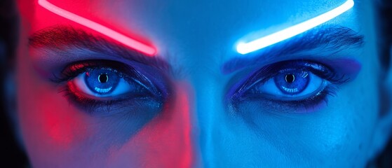   A close-up portrait of an individual with vivid blue eyes and illumination on their forehead - obrazy, fototapety, plakaty