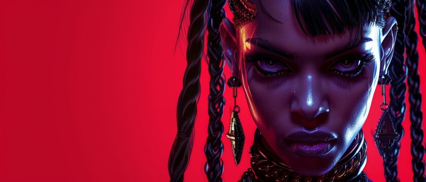   A woman's face with braids, piercings on her head, against a red backdrop