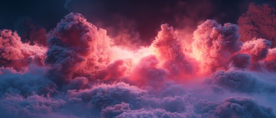   A sky brimming with an array of fluffy pink and purple clouds against a backdrop of cerulean blue, dotted with sparse white wisps