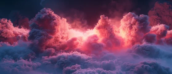Foto op Aluminium   A sky brimming with an array of fluffy pink and purple clouds against a backdrop of cerulean blue, dotted with sparse white wisps © Jevjenijs