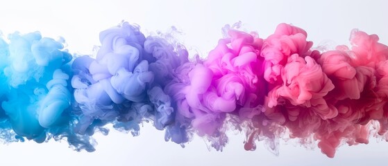   A collection of vibrant smoke particles hovering against a pure white backdrop and a cerulean sky beyond - obrazy, fototapety, plakaty