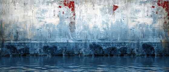   A painting of a blue and white wall with water in front and a red stop sign on the wall