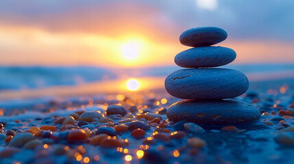 Stone Stacks for Relaxation. Meditative Zen. Stone Tower Amidst the Waves