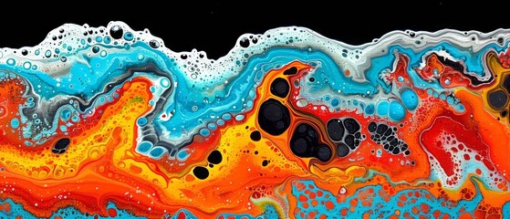   An abstract painting featuring shades of orange, blue, and black, adorned with bubble patterns at its base