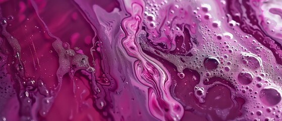   A high-resolution, detailed photo of water droplets on a unique purple and pink background with a water droplet positioned to the left of the image - obrazy, fototapety, plakaty