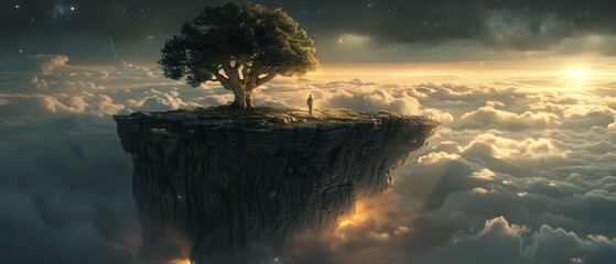  A lone tree perched atop a cliff amidst clouds, with a man positioned upon it