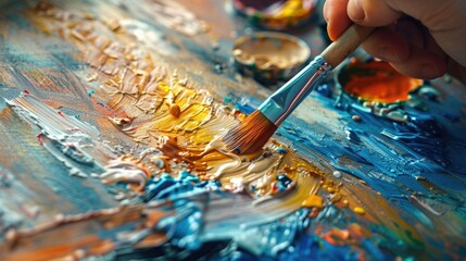 Fototapeta premium An artist's hand painting on a canvas, with the focus on the brush and colors being blended.