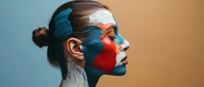   A woman's face is painted in shades of blue, orange, and white, adorned with the colors of the United States flag