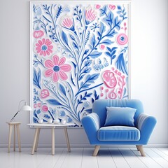 bright spring colors azure and white, pinknordic pattern white background