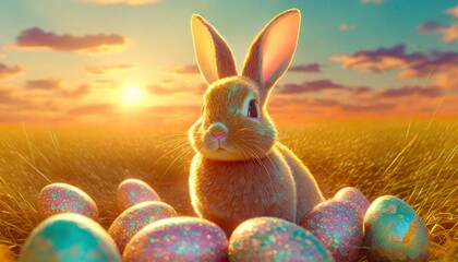 Fototapeta na wymiar cute easter bunny with easter eggs generative