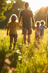 A Family Tranquil Walk in the Glow of Sunset, Embracing the Simple Joys of Togetherness and Nature, Generative AI