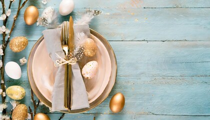 festive easter table setting with eggs on light blue wooden background flat lay space for text - obrazy, fototapety, plakaty