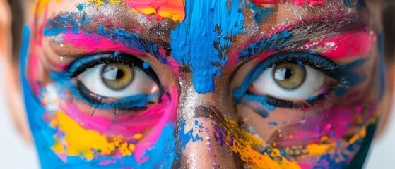 Foto op Plexiglas   Close-up photo of a child's face with vibrant paint smears and piercing blue eyes © Jevjenijs