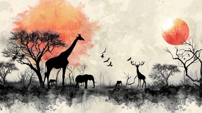 Different animal species from Africa silhouetted against the setting sun, with dried trees, all rendered in completely black watercolor style.