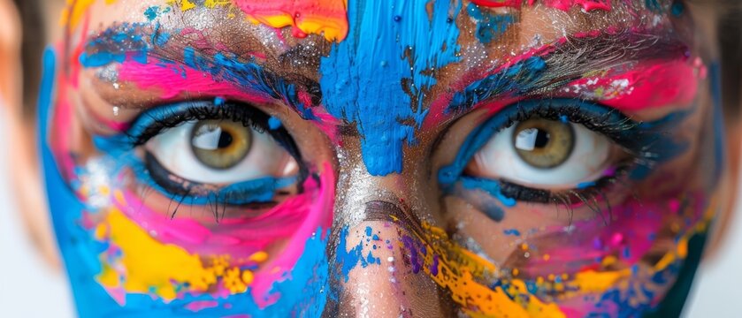   Close-up photo of a child's face with vibrant paint smears and piercing blue eyes