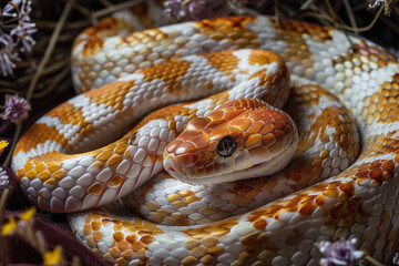 Obraz premium A purebred snake poses for a portrait in a studio with a solid color background during a pet photoshoot.