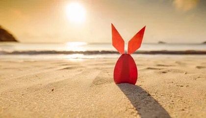 Fotobehang creative easter concept photo of red paper bunny on the sand on the beach at sunset concept of easter celebrations in tropical countries © Wayne