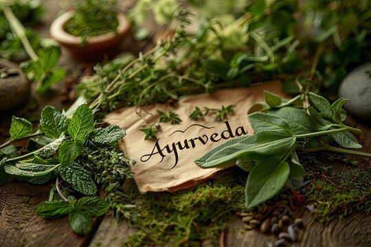 the inscription &ldquo;Ayurveda&rdquo; logo with medicinal Ayurvedic aromatic herbs and plants. rosemary, mint, lemon balm. Homeopathy. Homeopathic remedies. Created with AI