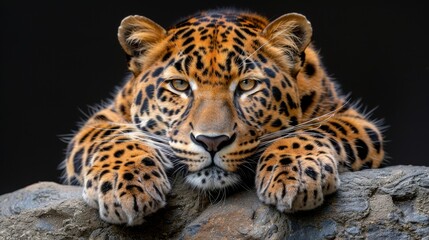   A close-up shot of a leopard lounging on a rock, its paws poised on another rock as it gazes directly into the camera's lens
