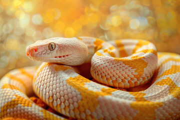 Fototapeta premium A purebred snake poses for a portrait in a studio with a solid color background during a pet photoshoot.