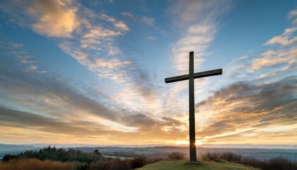 he is risen silhouette cross on beautiful sky sunset over bright