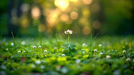   A delicate white blossom rests amidst a lush green expanse, adorned with dewy drops on the grass - obrazy, fototapety, plakaty
