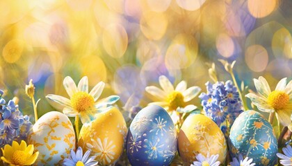 easter eggs banner with beautifully detailed floral patterns yellow and blue spring flowers hand painted on colorful easter eggs banner panorama by vita - obrazy, fototapety, plakaty