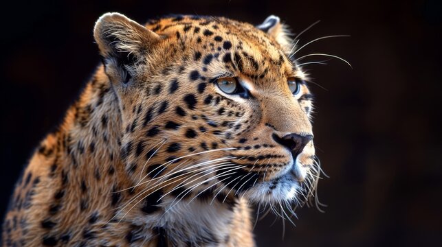   A close-up of a leopard's face with a blurry background and a black background