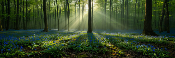 Morning Glory in the Forest. Sunbeams Dancing Through the Woodland