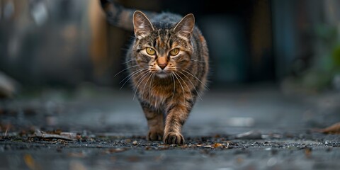 An agile alley cat with a motley coat and bright eyes explores the streets embodying urban freedom. Concept Street Cat, Alley Exploration, Urban Freedom, Motley Coat, Bright Eyes