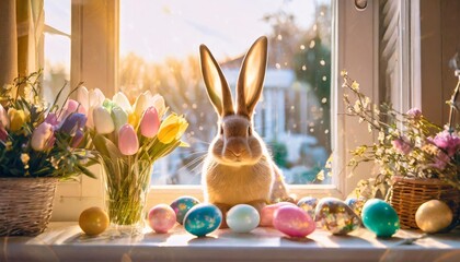 colorful easter home decoration window with colorful dyed eggs and rabbit ears flowers and easter bunny for festive easter celebration at home easter card
