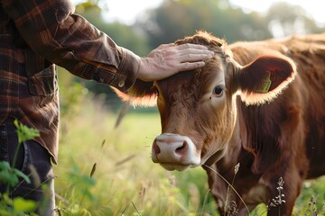 Close-up of hand patting cow on head in a meadow. Agriculture and livestock industry concept. Animal husbandry. Farming lifestyle, farmland. Design for banner, poster 