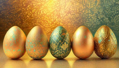 five easter eggs with different colors and gold pattern