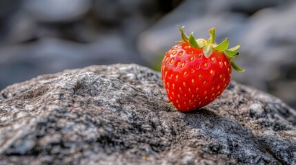  A sharp focus of a strawberry on a rock, surrounded by a fuzzy environment of rocks and water