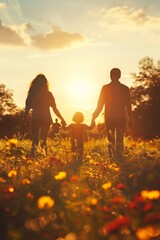 A Family Tranquil Walk in the Glow of Sunset, Embracing the Simple Joys of Togetherness and Nature, Generative AI