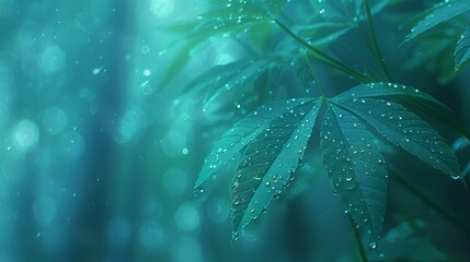   A sharp image of a green leaf with droplets of water on it and a hazy environment of foliage in the back