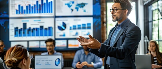 Data Scientist Presents Data-Driven Narrative to Executives in Modern Office Setting with Interactive Dashboards and Charts