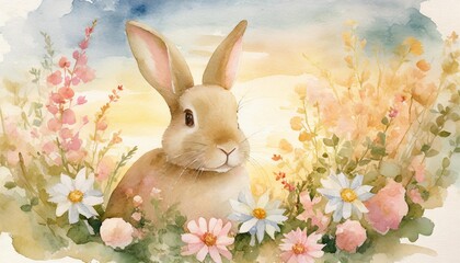 easter bunny with flowers watercolor illustration