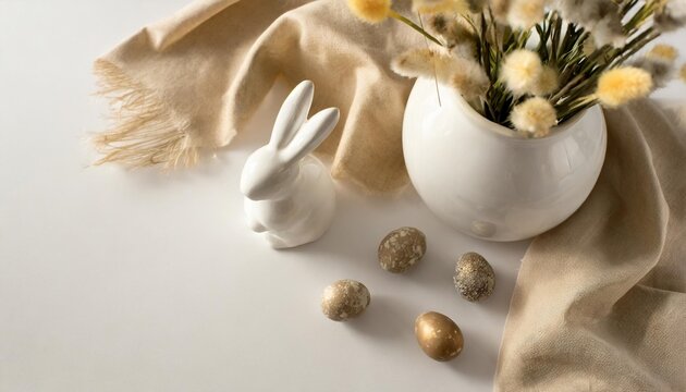 top view photo of easter decorations white vase with lagurus flowers ceramic easter bunny quail eggs and cloth on isolated white background with empty space