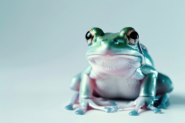 Obraz premium A frog poses for a portrait in a studio with a solid color background during a pet photoshoot.