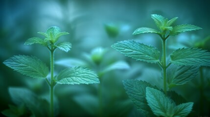   A detailed picture of a green plant with leaves, surrounded by a hazy background