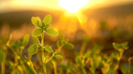   Green plant in sunlight with blurred foreground