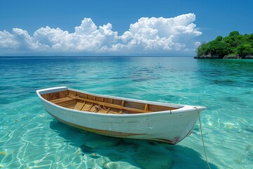 Boat in turquoise ocean water against blue sky with white clouds and a tropical island. Natural landscape for travel and summer vacation, panoramic view.